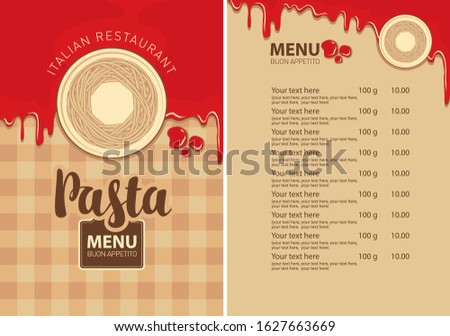 Vector menu for Italian restaurant with pasta nests on a plate, price list and ketchup drops on the background of checkered tablecloth. Pasta menu in flat style