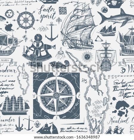 Vector abstract seamless pattern on the theme of travel, adventure, discovery. Vintage background with hand-drawn sailboats, wind roses, anchors, sketches, unreadable notes, inscriptions and ink blots