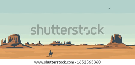 Vector landscape with American prairies and a silhouette of a cowboy on a horse. A lone rider in the desert. Western vintage background. Decorative illustration on the theme of the Wild West.