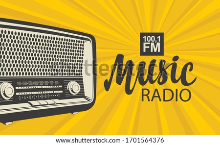 Vector poster for radio station with an old radio receiver and inscription Music radio on the background with yellow rays. Radio broadcasting banner in retro style
