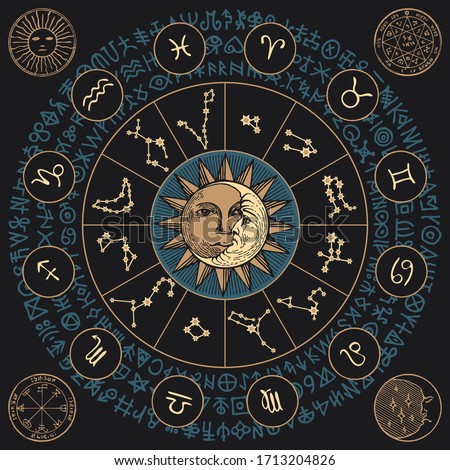 Vector banner with Zodiac signs in retro style with icons, names, constellations, sun, moon and magic runes written in a circle. Astrological illustration with horoscope symbols on a black background