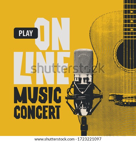 Vector poster for an online music concert with a guitar and Studio microphone on a yellow background. Suitable for advertising, web banner, poster, flyer, invitation, cover, web page