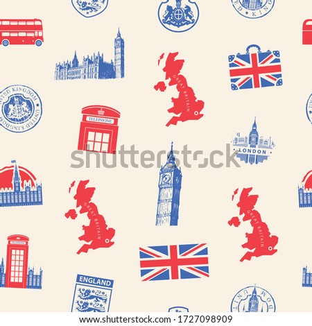 Vector seamless pattern on UK and London theme with British symbols, architectural landmarks and flag of the Great Britain in retro style. Suitable for wallpaper, wrapping paper, fabric, textile