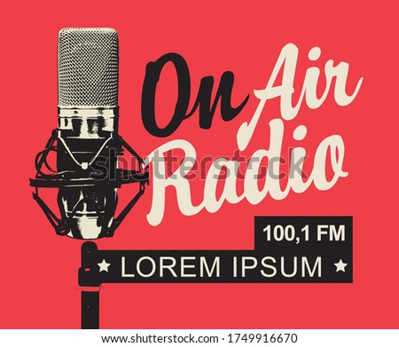 On air Radio broadcasting FM concept. Vector banner for radio station with a microphone, inscription and place for text on the red background in retro style. Suitable for poster, advertising, flyer