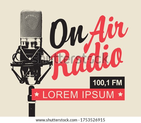 On air Radio broadcasting FM concept. Vector banner for radio station with a microphone, inscription and place for text in retro style. Suitable for poster, advertising, flyer