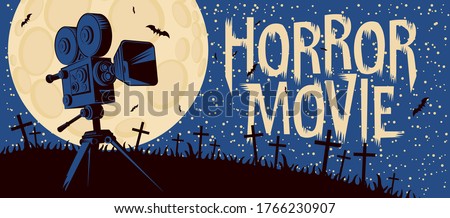 Horror movie banner. Vector poster for a festival of scary cinema with an old film projector on a cemetery on a moonlit night. Suitable for poster, flyer, billboard, web design, ticket, advertising Stock fotó © 