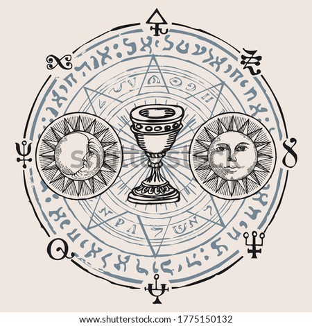 Holy Grail with the Sun, Moon, alchemical and Masonic symbols in retro style. Vector hand-drawn banner on the theme of mysticism, magic, religion with esoteric and magical signs written in a circle