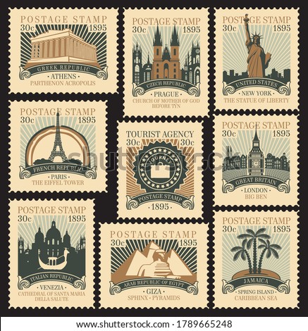 Set of old postage stamps on the travel theme with architectural and historical landmarks from around the world. Vector illustrations of various famous places in the form of old stamps in retro style