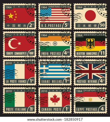 set of stamps with flags of different countries