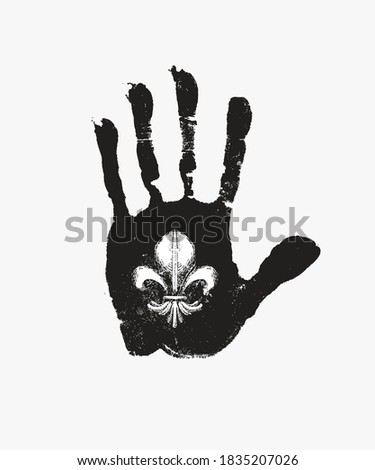 Black print of a human hand with royalty symbol Fleur de Lis on the open palm. Vector black and white hand-drawn banner in retro style