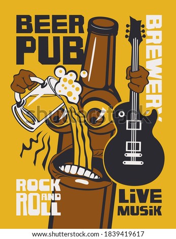 Banner for beer pub with live rock-n-roll music. Vector illustration in a cartoon style with inscriptions and a cheerful bottle of beer that holds a guitar and a full glass of beer