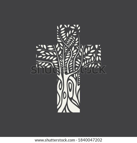 Flat design of a Christian cross in the form of a tree on a dark background. Vector illustration, religious symbol, icon, logo, emblem, design element. Decorative tree in the shape of a cross.