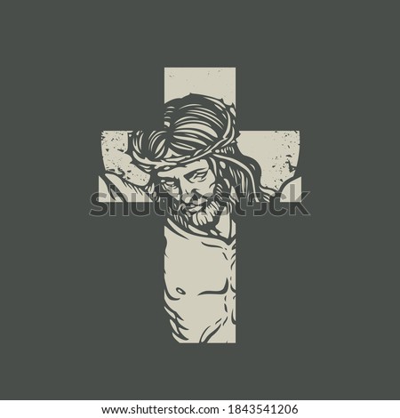 Christian or Catholic cross sign with crucified jesus christ on a dark background. Jesus Face on the cross. Vector illustration, religious symbol, icon, logo, print, tattoo, design element Foto d'archivio © 