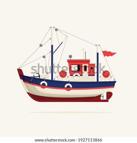 Color image of a fishing vessel, trawler or ship tug on a light background. Decorative vector illustration of a fishing boat side view. Sea or river transport for catching fish in a cartoon style