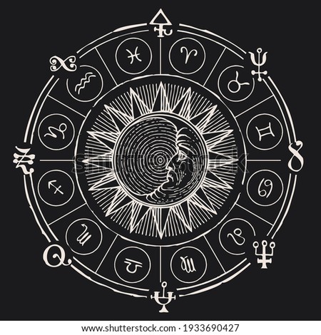 Vector circle of Zodiac signs with icons, hand-drawn Sun and Moon on a black background. Monochrome banner in retro style with horoscope symbols for astrological forecasts. Chalk drawing
