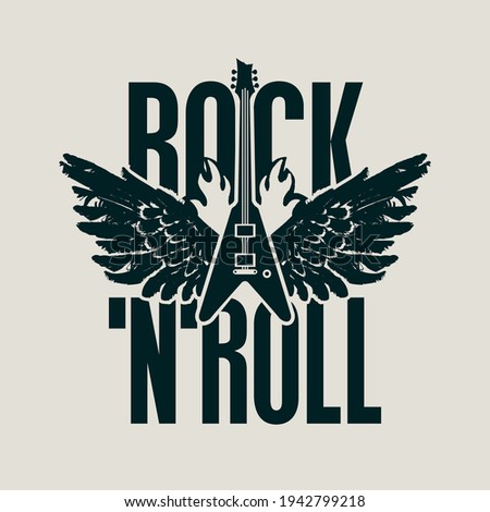 Rock 'n' roll - vector banner, logo, emblem, label or design element. Creative lettering with an electric guitar and wings on fire on a light background. Cool print for t-shirt, tattoo or graffiti Foto stock © 