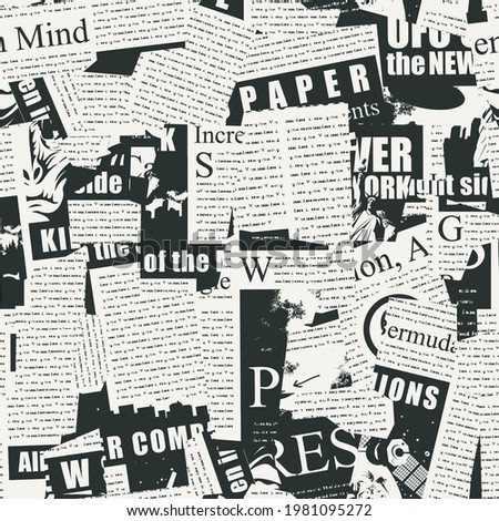 Abstract seamless pattern with a collage of newspaper clippings. Black and white background with unreadable text, titles and illustrations. Wallpaper, wrapping paper or fabric in retro style