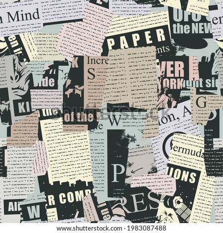 Abstract seamless pattern with a collage from newspaper and magazine clippings. Vector background with unreadable text, titles and illustrations. Suitable for Wallpaper, wrapping paper or fabric