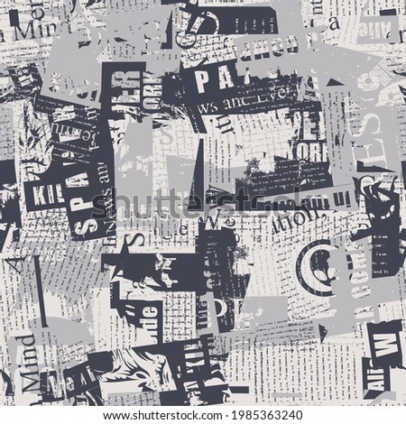 Abstract seamless pattern with chaotic layering of newspaper text, illustrations and titles. Monochrome repeating vector background in modern style, suitable for wallpaper, wrapping paper, fabric desi
