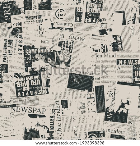 Abstract seamless pattern with chaotic layering of unreadable newspaper text, illustrations and titles on an old paper backdrop. Monochrome vector background, Wallpaper, wrapping paper, fabric design