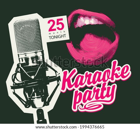 Vector music poster for karaoke party with a studio microphone, a singing mouth and a pink calligraphic inscription on a black background. Suitable for advertising poster, banner, flyer, invitation