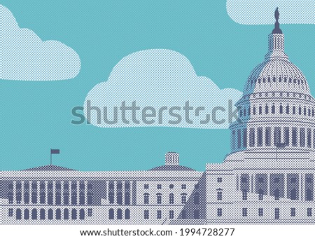 Vector banner with US Capitol building in Washington, DC. The Western facade of the Capitol. Stylized illustration of the American national landmark close-up in retro style