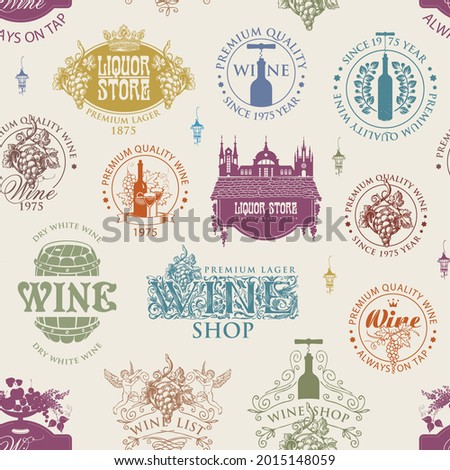 Seamless pattern with wine labels, logos, signs on a light background in retro style. Colored vector background on a theme of wine and liquor stores. Suitable for Wallpaper, wrapping paper or fabric