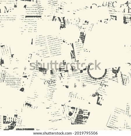 Abstract seamless pattern with fragments of illegible newspaper text and titles on a light backdrop. Chaotic monochrome vector background in grunge style. Wallpaper, wrapping paper or fabric design