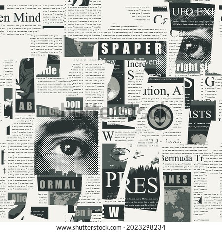 Abstract seamless pattern with a collage of magazine and newspaper clippings. Black and white vector background with unreadable text, headlines and illustrations. Wallpaper, wrapping paper or fabric