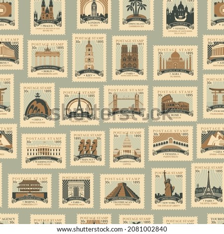 Vector seamless pattern with old postage stamps with sights from different countries. Repeating background in retro style on a travel theme. Suitable for wallpaper, wrapping paper or fabric design