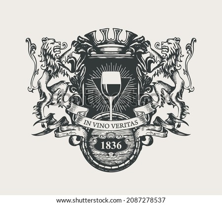 Ornate vector banner in the form of coat of arms with a glass of wine, a crown, lions, ribbons, a wooden barrel and the words In vino veritas. Black and white hand-drawn illustration in vintage style