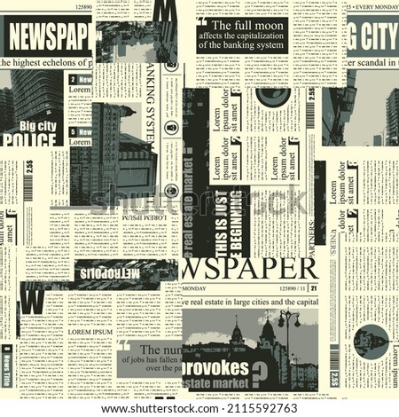 Seamless pattern with a collage of newspaper or magazine clippings in retro style. Monochrome vector background with titles, illustrations and imitation of text. Wallpaper, wrapping paper, fabric