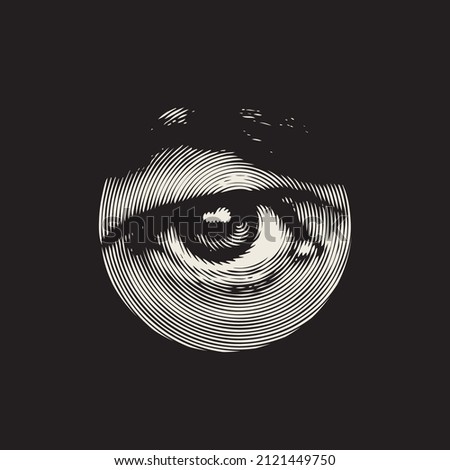 Abstract black and white banner with a wide-open human eye and eyebrow close-up in a round frame on a black background. Monochrome vector illustration in retro style. Serious gaze