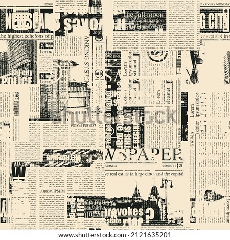 Abstract seamless pattern with chaotic layering of unreadable newspaper text, illustrations and titles on an old paper. Monochrome vector background in retro style, wallpaper, wrapping paper, fabric