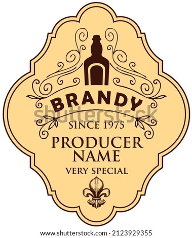 Monochrome vector label for Brandy with a bottle, curlicues and a fleur de lis on a beige background in a curly frame. Figured label or sticker for a hard liquor in retro style isolated on a white