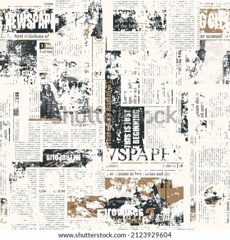 Abstract seamless pattern with scuffed collage of newspaper or magazine clippings. Vector background in grunge style with titles, illustrations and imitation of text. Wallpaper, wrapping paper, fabric