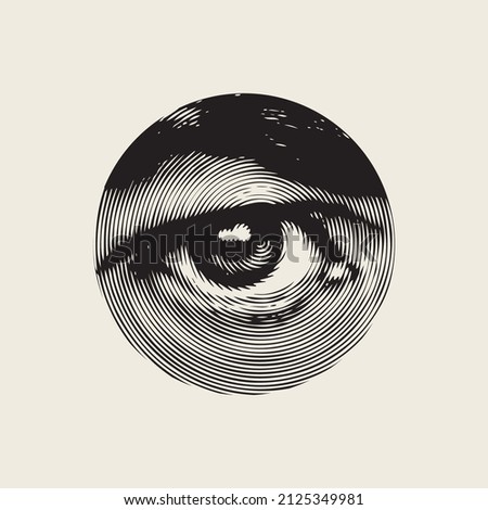 Abstract black and white banner with a wide-open human eye and an eyebrow in close-up in a round frame on a light background. Monochrome vector illustration in retro style.