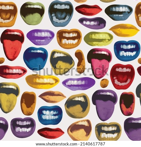 Seamless pattern with colored lips that smile and show tongue and white teeth. Bright vector background with laughing, surprised, excited, angry, singing, screaming human mouths on a light backdrop