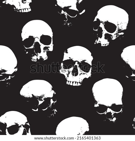 Seamless pattern with human skulls. Vector background with sinister smiling skulls in retro style. Graphic print for clothes, fabric, wallpaper, wrapping paper