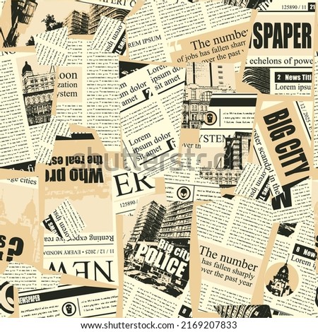 Seamless pattern with a collage of newspaper or magazine clippings. Retro style vector background with titles, illustrations and imitation text. Suitable for wallpaper design, wrapping paper, fabric