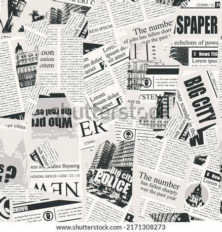 Seamless pattern with a collage of newspaper or magazine clippings. Retro style vector background with titles, illustrations and imitation text. Suitable for wallpaper design, wrapping paper, fabric