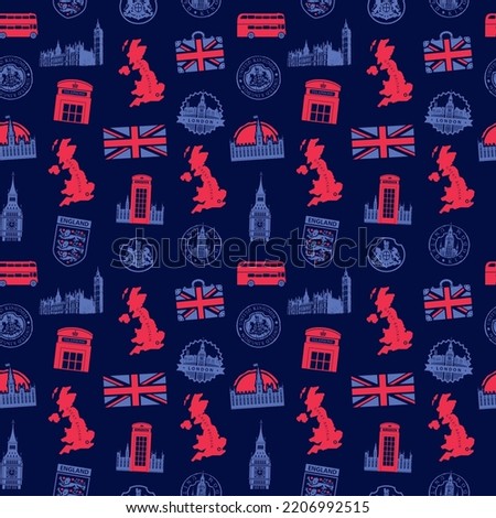 Vector seamless pattern on UK and London theme with British symbols, attractions and flag of United Kingdom. Suitable for background, wallpaper, wrapping paper, fabric, textile