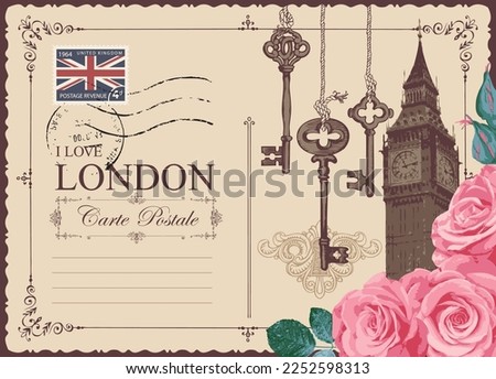 Retro postcard with Big Ben in London, United Kingdom and roses. Vector postcard in vintage style with old keys, words I love London and a place for text on background with postage stamp and postmark