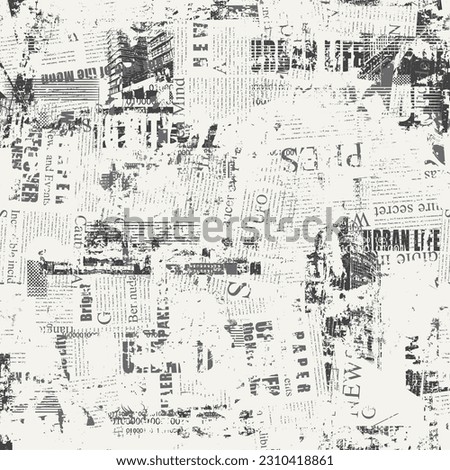 Abstract grunge seamless pattern with newspaper or magazine and urban landscapes. Modern building. Chaotic vector background on city life in retro style. Wallpaper, wrapping paper, fabric design