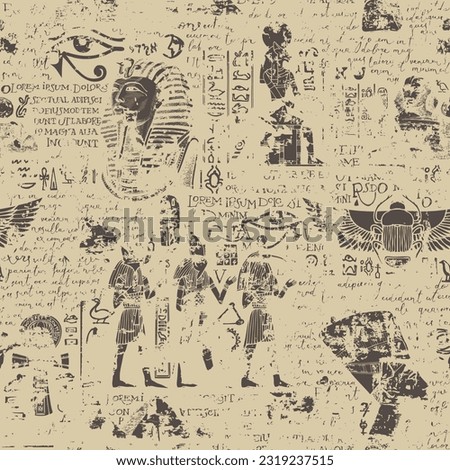 Seamless pattern on an Ancient Egypt theme with images of Egyptian gods and handwritten text lorem ipsum. Vector abstract background in retro style. Wallpaper, wrapping paper, fabric