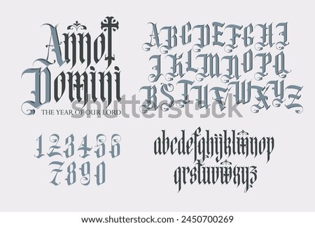 Latin phrase From the Nativity of Christ. Gothic font. Full set of capital, small letters and numbers of the English alphabet in vintage style. Medieval Latin letters. Vector calligraphy and lettering