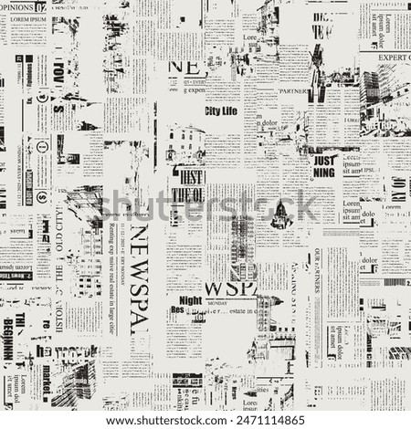 seamless pattern with collage of newspaper or magazine clippings. Vector background in retro style with titles, illustrations and imitation of text. Suitable for wallpaper, wrapping paper, fabric