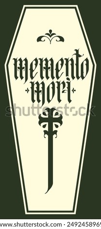 vector calligraphic inscription in gothic font memento mori from latin language translated Think about death with christian cross against the background of a white coffin