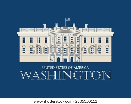 Vector banner or card with contour drawing of the famous US White House, Washington DC in retro style. American landmark.