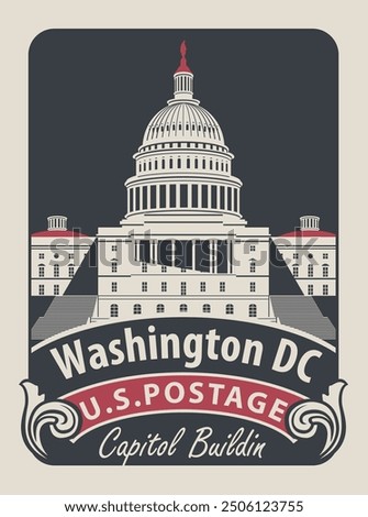 Vector banner with inscriptions and the image of the USA Capitol in Washington DC. Vector illustration Capitol Building in Washington in retro style